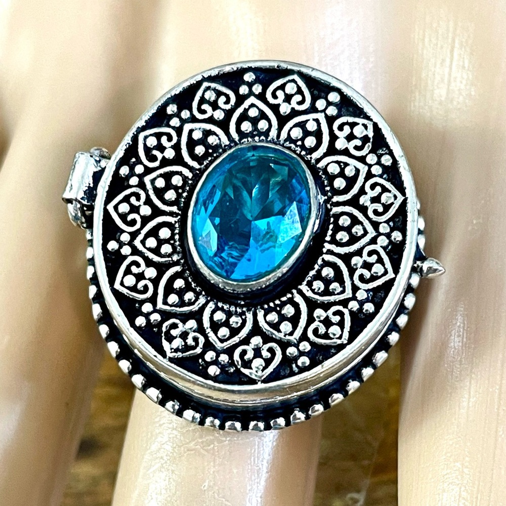 Exotic Swiss Blue Gemstone Poison Pill Box Ring 7.3/4